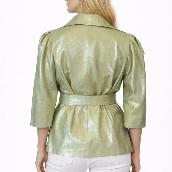 Green Metallic Sheen Belted Jacket - Picture 3 of 15